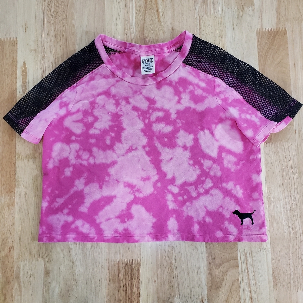 VS Pink Watercolor ombre Crop top with mesh net sleeves Custom gym wear Medium - Picture 1 of 4